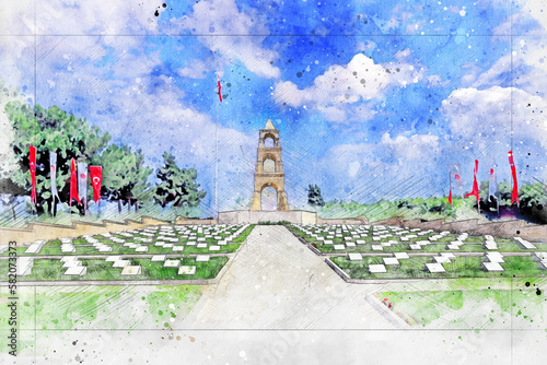 A watercolor painting depicting the Battle of Çanakkale. March 18th is the anniversary of the Battle of Çanakkale.
