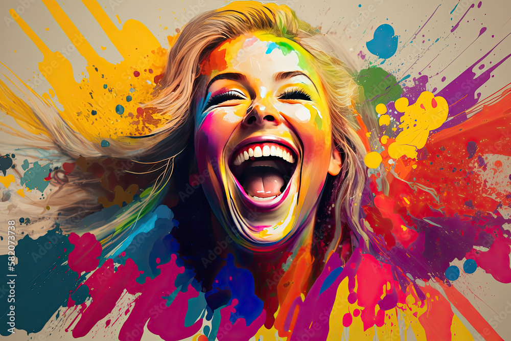 Excited young woman laughing. Splashed colors. Generative AI