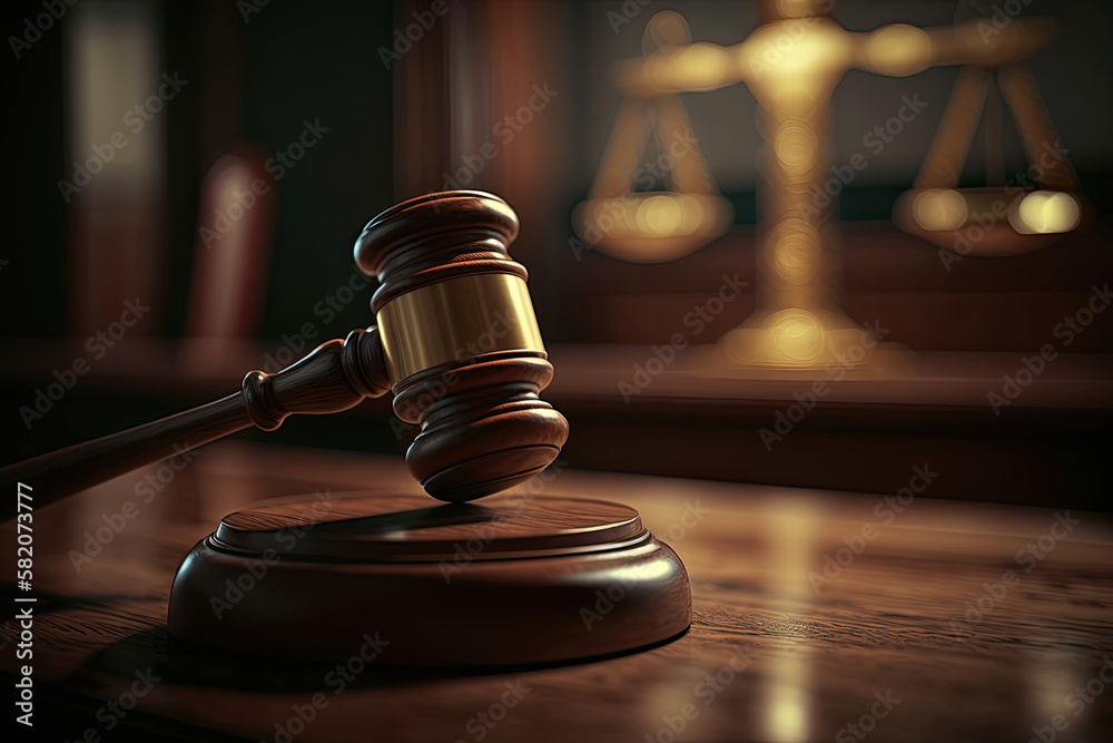 Scales Gavel legal justice court system symbols with dark lights. Generative AI Scales Gavel legal justice court system symbols with dark lights. Generative AI