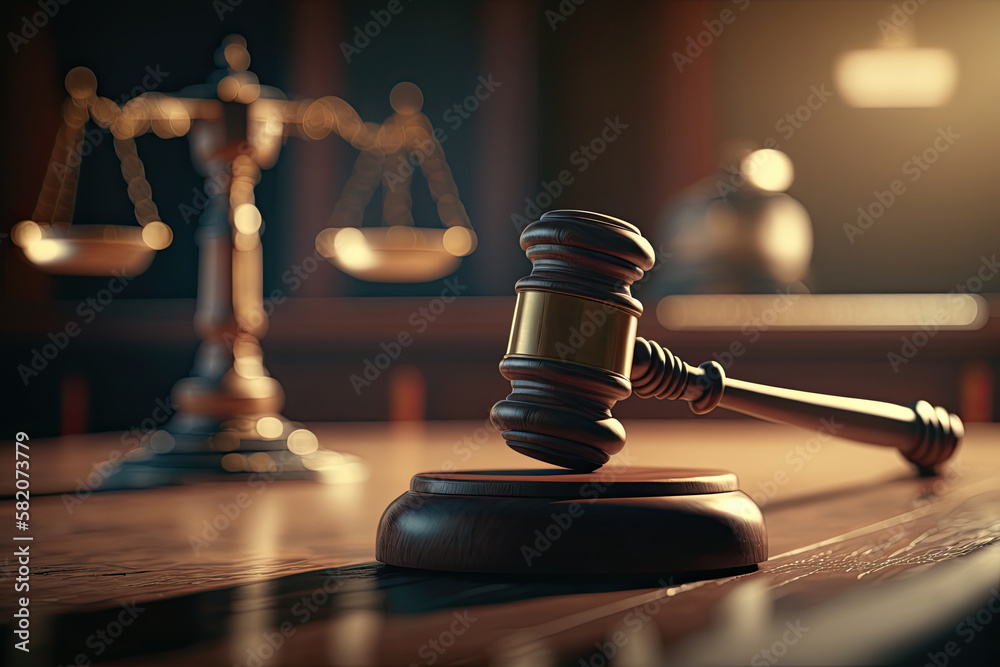 Scales Gavel legal justice court system symbols with dark lights. Generative AI Scales Gavel legal justice court system symbols with dark lights. Generative AI