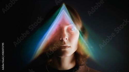 A mysterious woman with a prism of light over her face. She stands against a black background, and the rainbow hues illuminate her ethereal headshot. Generative AI. photo