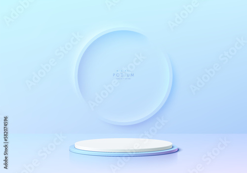 3D blue and white cylinder realistic podium background in room with ring emboss on wall. Minimal wall scene mockup product stage showcase  Banner promotion display. Abstract vector geometric forms.