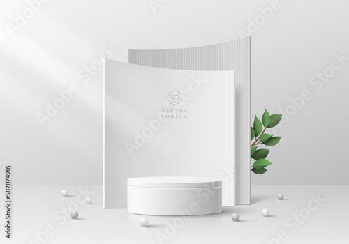 3D realistic white cylinder pedestal podium background with curve layers backdrop and green leaf. Minimal wall scene mockup product stage showcase, Promotion display. Abstract vector geometric forms.