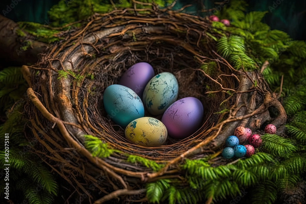 colorful easter nest with easter eggs.Generative ai