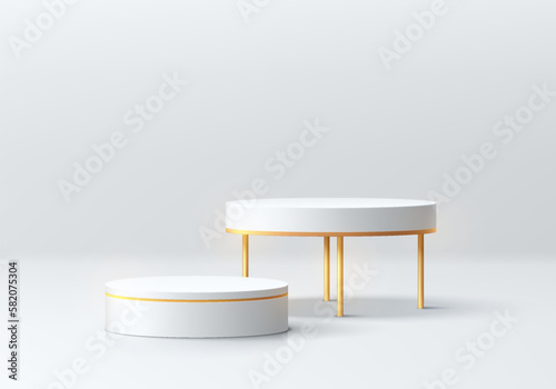 3D realistic white cylinder pedestal podium background with golden legs in clean empty room. Vector abstract geometric forms. Wall minimal scene, mockup products stage for showcase, Promotion display.