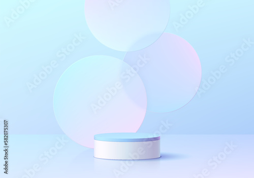 3D realistic white cylinder pedestal podium background with round circles overlap in blue hologram. Wall minimal scene mockup products stage showcase, Promotion display. Vector abstract empty room.