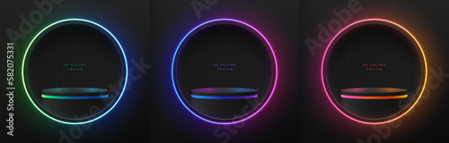 Set of 3D realistic black cylinder podium in red, green, blue, yellow circle neon light background. Wall minimal scene, mockup product stage showcase, promotion display. Abstract vector empty rooms.