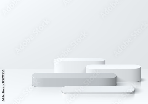 Set of steps 3D realistic white and gray round pedestal podium background. Abstract vector geometric platforms. Wall minimal scene, Empty mockup products for stage showcase, Banner promotion display.