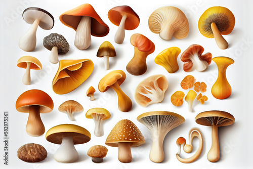 Seamless pattern of flat hand drawn champignon mushrooms on white background. Generative Ai