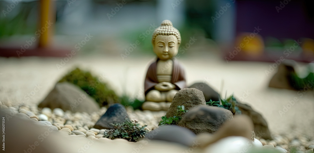 Obraz premium Miniature Buddha meditates in miniature zen garden for home, zen garden, relaxation, meditation, mini gravel, succulent, peaceful mind, soul, gravel, moss, grass, defocused, blur, generative Ai