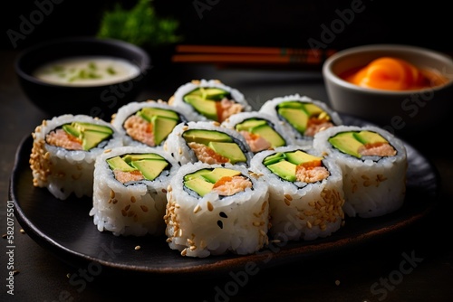 Sushi, rolls, maki on a plate. Delicious japanese food, makizushi. Appetizing composition. Generative AI.