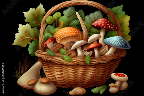 basket full of mushrooms of different species. Generative Ai
