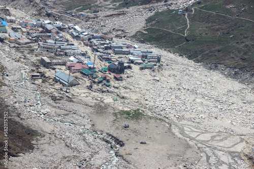 Kedarnath temple aerial view after Kedarnath Disaster 2013. Kedarnath was devastated on June 2013 due to landslides and flash floods that killed more than 5000 people in Uttarakhand. 