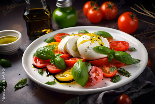 Delicious italian caprese salad with tomatoes, mozarella, basil leaves, olive oil. Tasty delicious burrata cheese with fresh tomatoes. Pesto sauce ingredients pine nuts. Generated AI photo