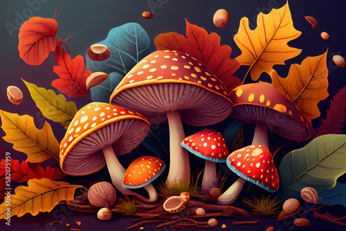 Mushrooms growing amidst fallen leaves in autumn forest. Generative Ai