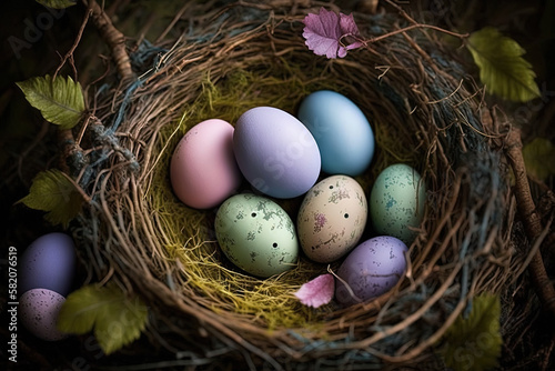 colorful easter nest with easter eggs.Generative ai