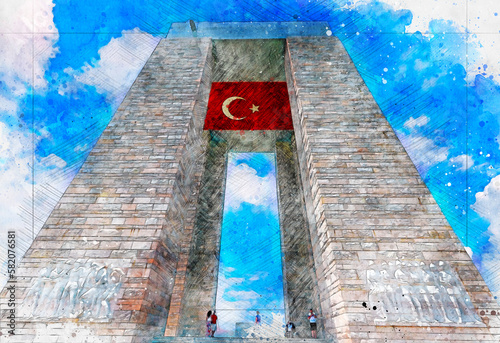 A watercolor painting depicting the Battle of Çanakkale. March 18th is the anniversary of the Battle of Çanakkale.