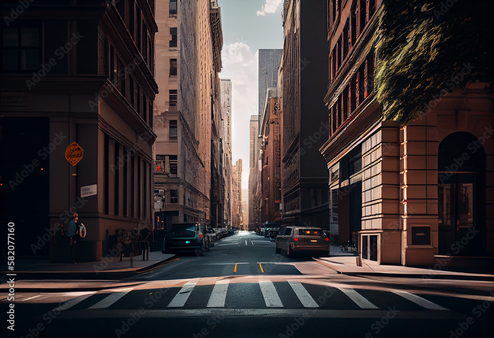 Fototapeta premium New York City street road in Manhattan at summer time. Urban big city life concept background. Created with Generative AI technology