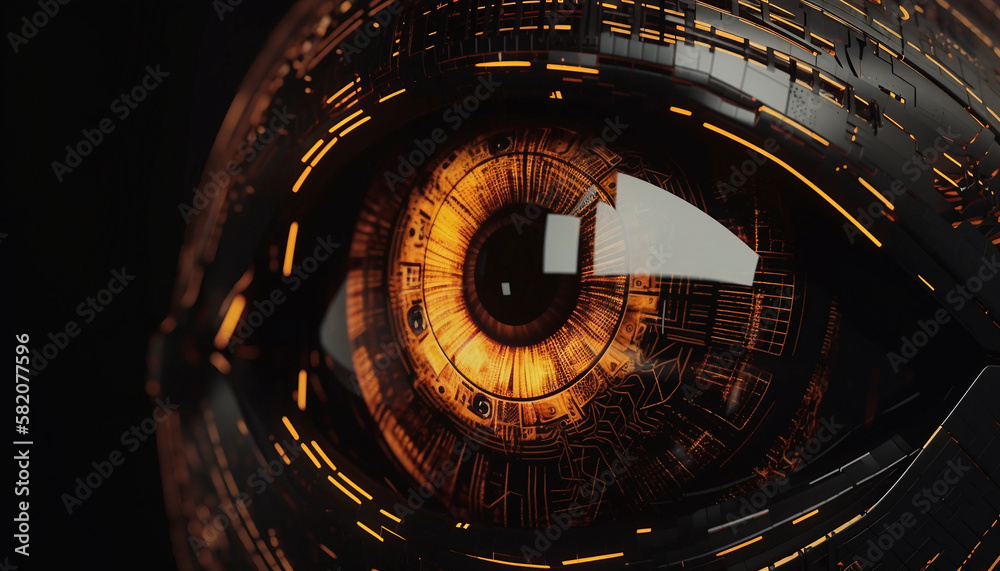 Obraz premium close up of high detailed robotic eye, with a golden circuit pupil, black and gold syntethic material