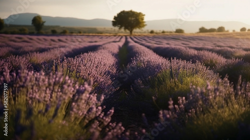 row of lavender in a provence field at sunset, typical provence landscape, wide view