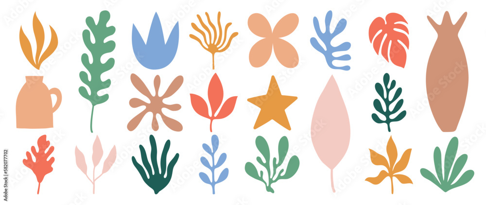 Set of abstract organic shapes inspired by matisse. Plants, cactus, leaf, algae, vase in paper cut collage style. Contemporary aesthetic vector element for logo, decoration, print, cover, wallpaper.