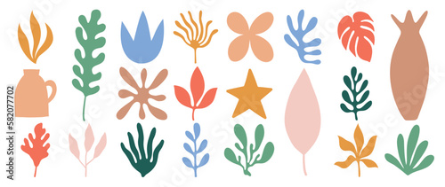 Set of abstract organic shapes inspired by matisse. Plants, cactus, leaf, algae, vase in paper cut collage style. Contemporary aesthetic vector element for logo, decoration, print, cover, wallpaper. photo