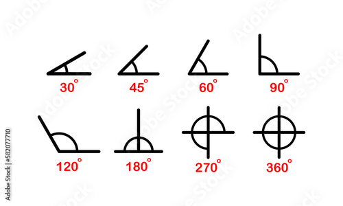 Set of degrees icons at different angles. Line icons, black, mathematical angles. Vector icons.