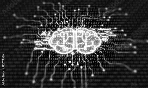Tableau sur toile The artificial intelligence brain is integrated onto a circuit board and binary code background