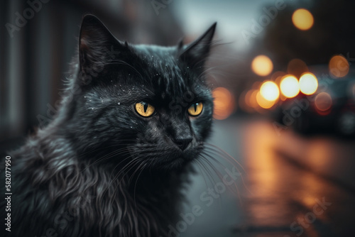 Beautiful black cat walking down the street at night. Black pet animal feline kitten. Ai generated