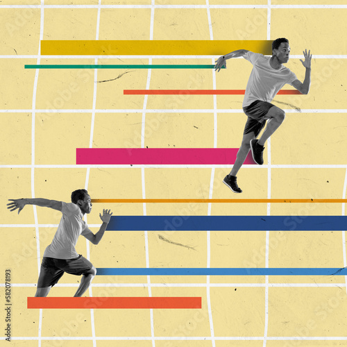 Fototapeta Naklejka Na Ścianę i Meble -  Two runners, joggers in motion over colored background with abstract elements. Contemporary art collage, poster.