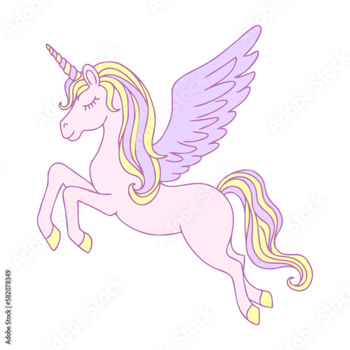 Hand-drawn flying magical unicorn with a heart.