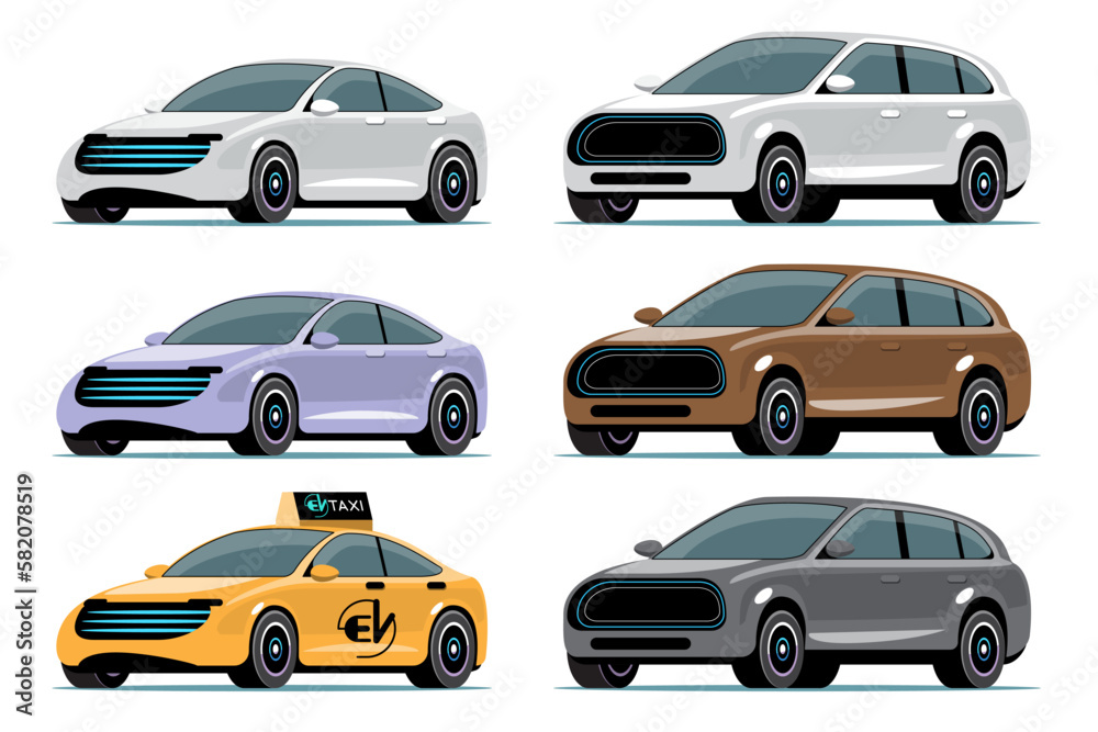Car vector template on white background. electric taxi, Eco Car, city car, electric car, SUV, automobile in cartoon style. For infographics, commercial, web and game design.