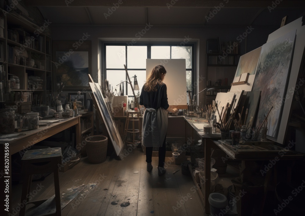 Back view of a female painter at her artist studio. Generative AI. Back view of a female painter at her artist studio. Generative AI.