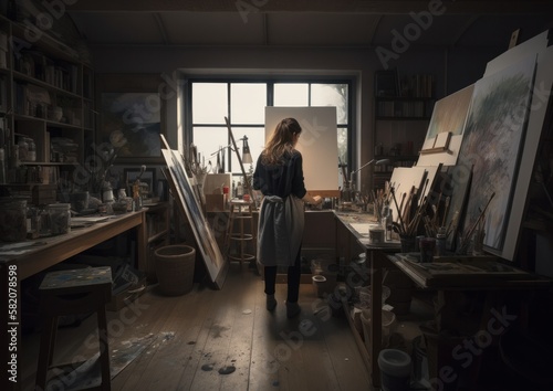 Back view of a female painter at her artist studio. Generative AI.