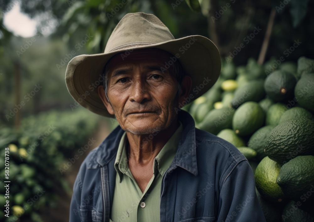 Portrait of an elderly avocado farmer. Person standing at the avocado farm. Generative AI.