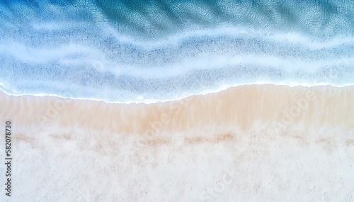 Seaside with white sandy beach, abstract natural ocean tropical background, overhead view directly from above, AI generative