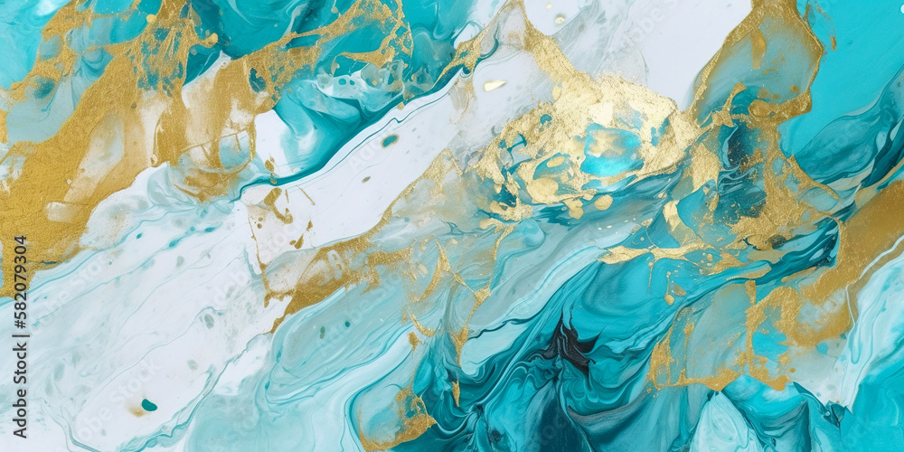 Abstract mint green and golden marble background, panoramic AI generative banner Abstract mint green and golden marble background, panoramic AI generative banner