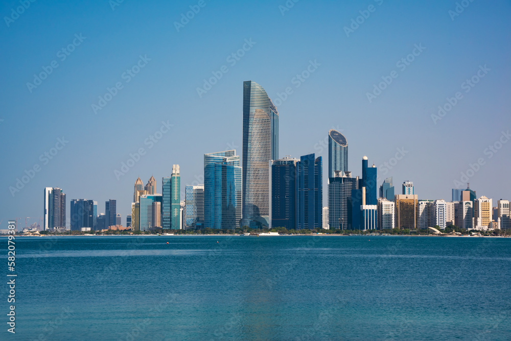 Abu Dhabi skyline, UAE. Modern city with skyscrapers seen from water