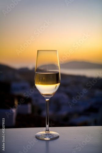 Glass of white wine on balcony with sunset view over Mediterranean island, AI generative