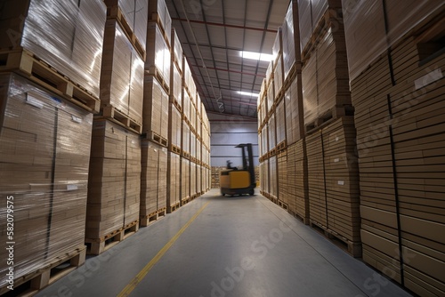 Forklift truck, pallets and packed boxes in industrial warehouse, AI generative
