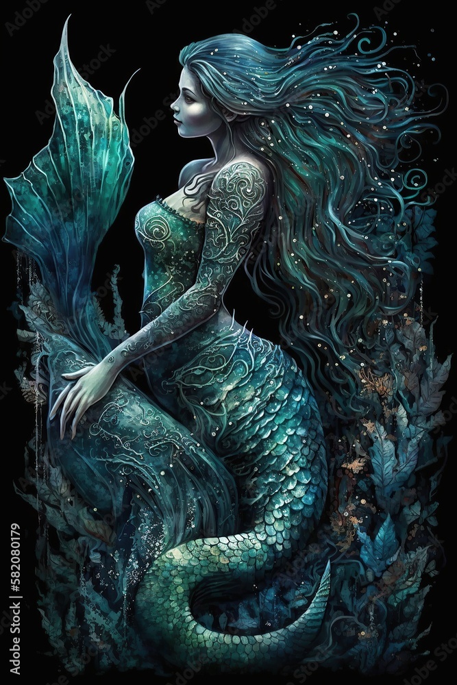 underwater fantasy world beautiful mermaid with tail in ocean created ...