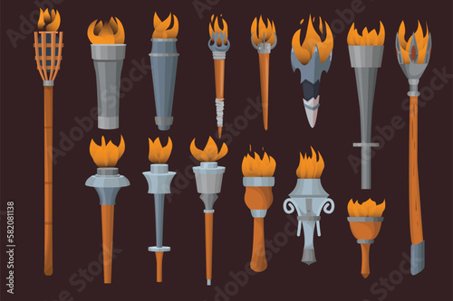 Antique fairy tail torch set concept in the flat cartoon style on the background. Wooden and metal torches with fire, which were in fairy tales about ancient times. Vector illustration.