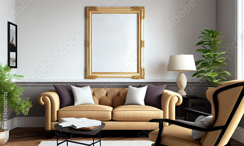 Frame mockup empty blank on white wall  vintage retro sofa in daylight. Generative AI