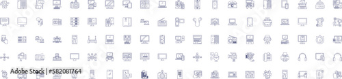 Device line icons signs set. Design collection of Device, Gadget, Tool, Equipment, Implement, Gizmo, Contraption, Mechanism outline concept vector illustrations photo