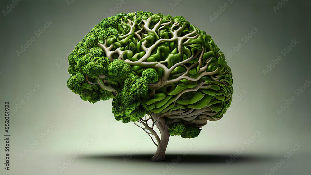 Green tree in form of human brain. Green thinking concept. Generative AI Green tree in form of human brain. Green thinking concept. Generative AI