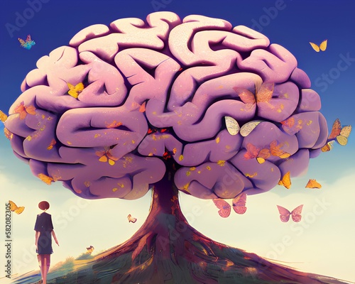 Human brain tree with butterflies and girl standing in the front. taking care of mental health concept. Generative AI