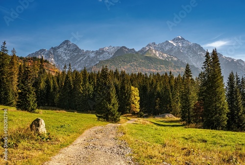 Mountain panorama of Javorova Valley in Slovakia with the peaks of the High Tatra Mountains seen in the background, sunny autumn afternoon