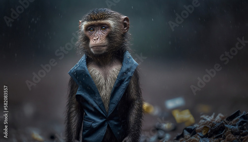 A monkey standing among the piles of plastic waste and the rain,Concept of saving the world. Generative AI.