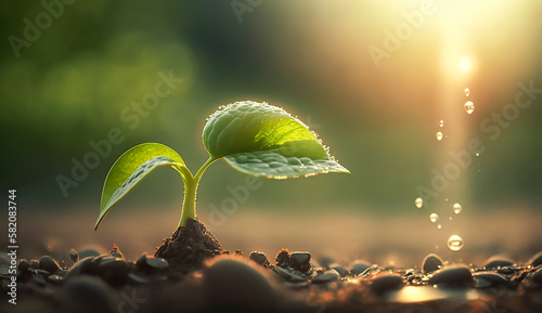 young plant with drop of water in sunlight, Growing plant grow up, Generative ai