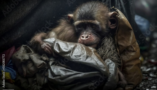 A monkey sleeps among the piles of plastic waste and the rain. concept of saving the world. Generative AI.